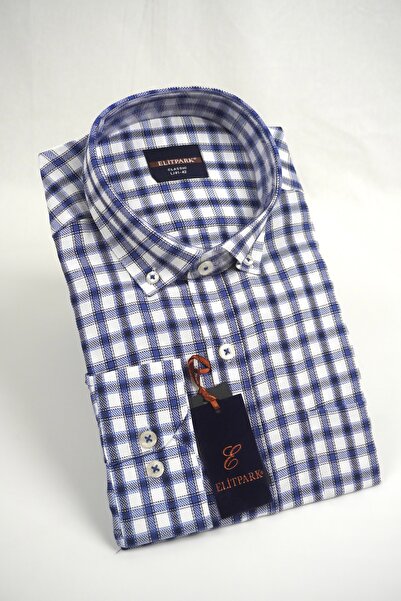 ELİTPARK GÖMLEK Plaid Navy Blue Cotton Pocketed Men's Shirt