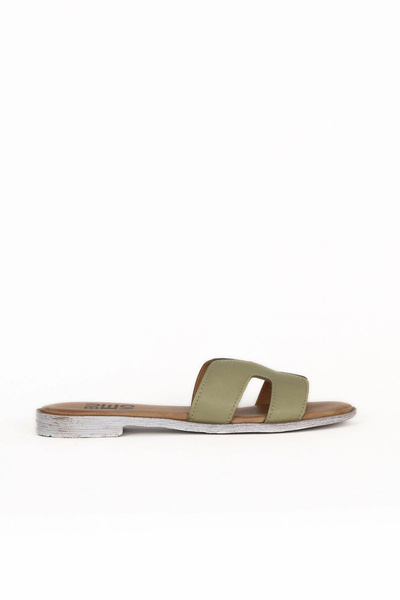 Bueno Shoes Χακί Δερμάτινες Γυναικείες Flat Παντόφλες 01wq2015
