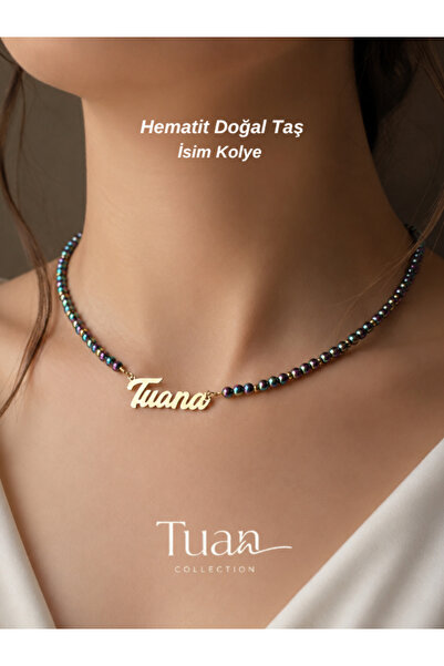 Tuana Trend قلادة اسم مخصصة من الحجر الطبيعي الهيماتيت مع تصميم فريد ترمز للث...