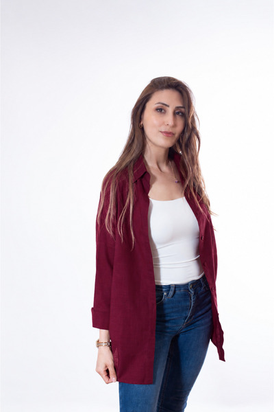 Justime Kadın Oversize Pamuk Keten Bordo Gömlek ( 100% Flamlı )