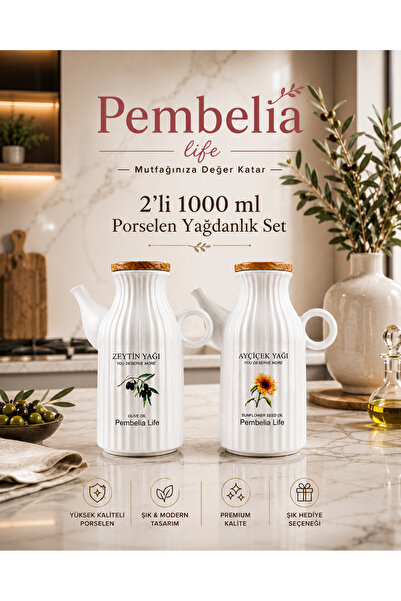 Pembelia Life Etiketli 2 Adet 1000ml Porselen Yaglık&sirkelik (2'li Yağdanlık...