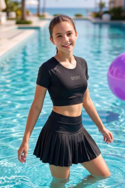 Haliç Mayo Short Sleeve Top, Shorts and Skirt Girls' Swimsuit 26604 Black