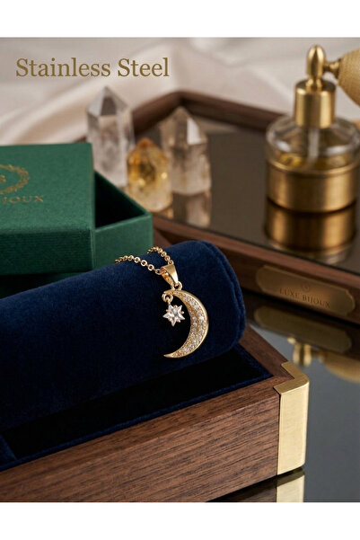stainless steell 316L Gold Color Steel Chain Zircon Stone Dangling Moon Star ...