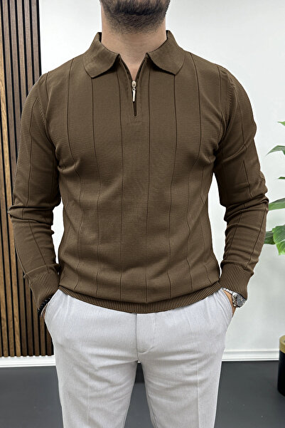 Edwox Men's half-zip polo neck Transitional sweater light brown edw195