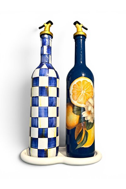 Mes Reves 750 ML Yeni Mavi Limon ve Dama Desenli 2’li Cam Yağdanlık Seti – Go...