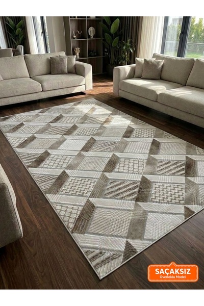 NaRStore Home Dinar Motif Bej Kahverengi Kaymaz Taban Kesme Yolluk Halı Moder...