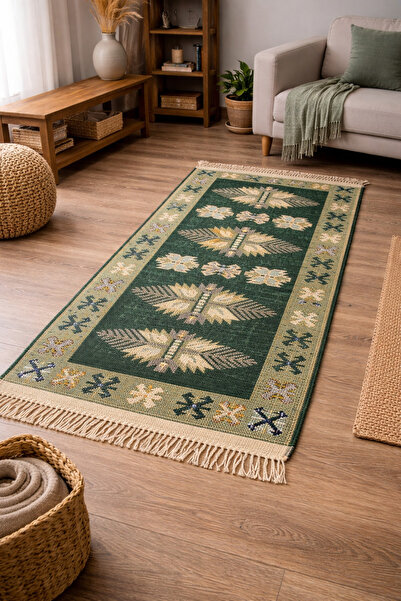 OEM Covor tradițional, dimensiune 80 x 125 cm, verde și crem, model con de pin