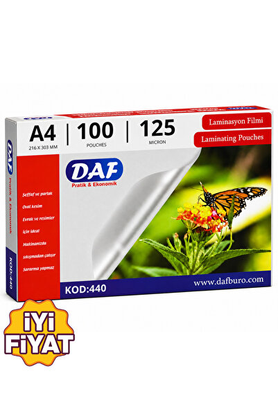 DAF LAMİNASYON FİLMİ A4 125 MİCRON PARLAK 100'LÜ(PAC KIRTASİYE)