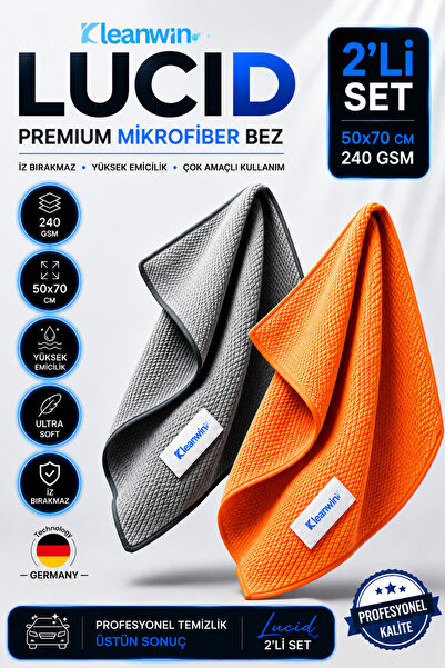 Kleanwin Lucid 2'li Mikrofiber Cam Bezi Seti 50x70 cm 240 GSM | Turuncu ve Gr...