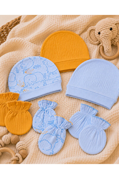 Renkli Puset 6-Piece Cotton Baby Hat and Glove Set Elephant Mustard