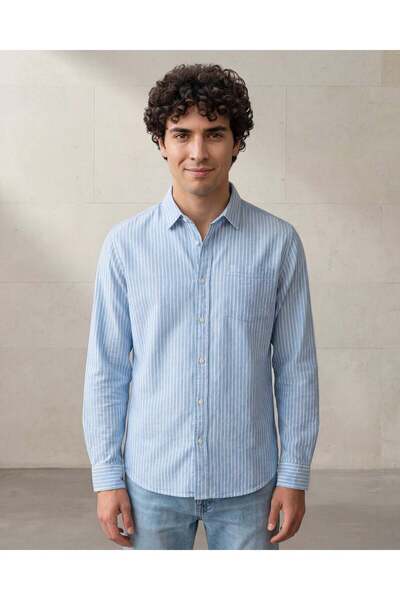 REDTAG Men Sky Blue Striped Long Sleeve Shirt