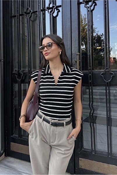 Bowni Line Siyah Çizgili Polo Yaka Triko BW002