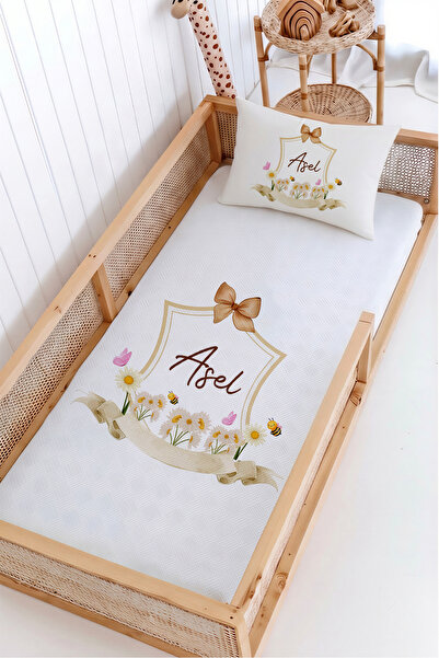 Lilabio %100 Pamuk İsme Özel Montessori Yatak Pike Seti 100x200 Papatya
