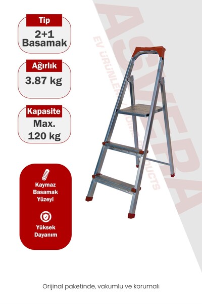 ASVERA 2+1 (3 Basamaklı) Ev Tipi Pratik Profil Merdiven - Katlanabilir Sağlam...