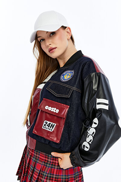 CHOS7N Kadın Oversize Baskılı Kot Ve Deri Şeritli Günlük Kullanım Cepli Ceket...
