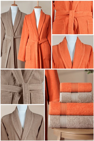 Ellaline 6 Piece Striped Bathrobe Set 100% Cotton Certified, Şalyaka Family Dowry Bathrobe Set Brown Orange