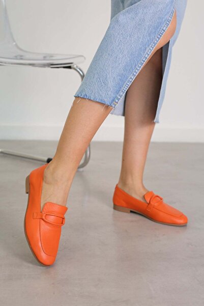Stil Durağı PİLLOW MODEL GERÇEK ORJİNAL DERİ BABET LOAFER ORANJ