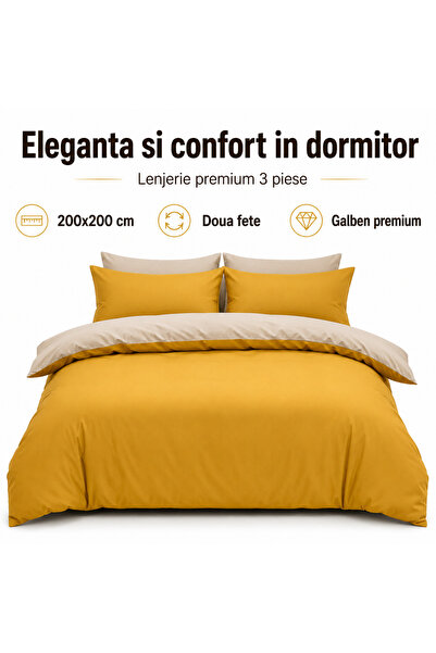 iTin Set 3 piese lenjerie pat dublu galben, hipoalergica, doua fete, polieste...