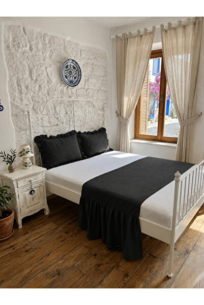 Decamor home Miya 3’lü Vintage Fırfırlı Siyah Çift Kişilik Yatak Runner