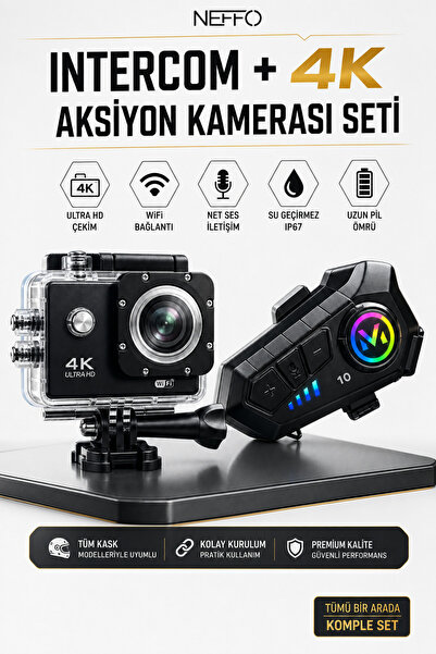 NEFFO Motorcu Seti 4K Aksiyon Kamerası + Intercom V10 – Motorcu interkom Sürü...