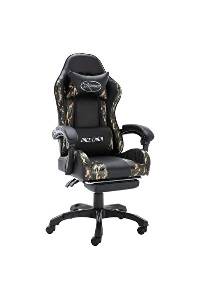 Concept Scaun de jocuri cu taburet, negru și camuflaj, piele ecologică