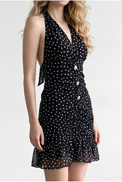 Meros Atelier Black Polka Dot Draped Bodycon Backless Flounce Mini Dress