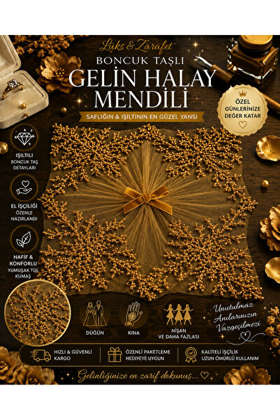 Hurma Kervanı Boncuk Taşlı Gelin Halay Mendili Gold