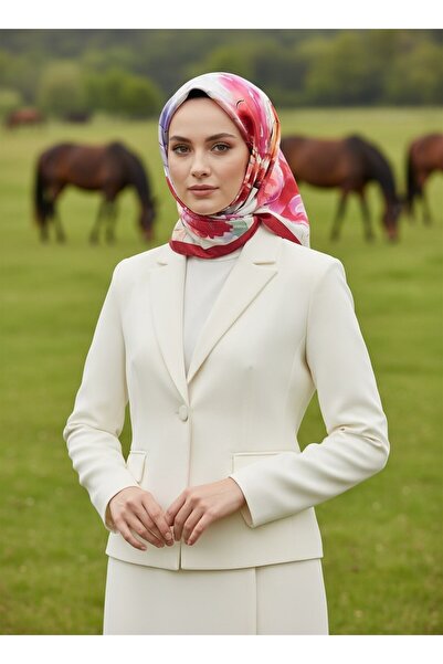 Vissona %100 Twill İpek Sulu Boya Çiçek Desenli Kırmızı - Fuşya Renkli 90x90 ...