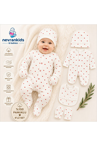 nevrankids Kız Bebek Kalpli 4'lü Tulum Set