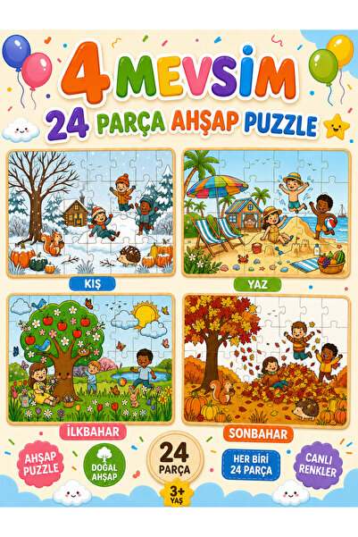 esatoys 24 Parça Mevsimler Temalı Ahşap Puzzle Seti 4’lü Eğitici Çocuk Yapboz