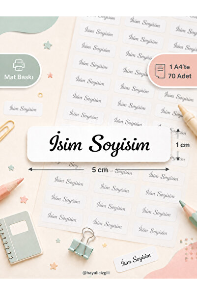 Hayali Çizgili Kişiye Özel İsim Etiketi Mat Baskı 5x1 cm 70 Adet A4 Okul İsim...