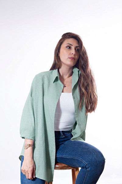 Justime Women's Oversize Cotton Linen Mint Green Shirt