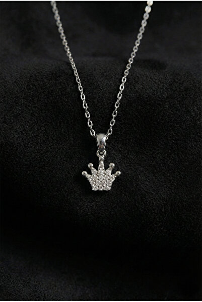 Roza Silver 925 Ayar Zirkon Taşlı Rodyum Taç Model Minimal Gümüş Kolye