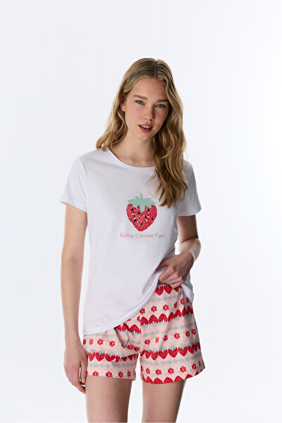 Penti Optik Beyaz Berry-Licious Pamuklu Şortlu Pijama Takımı