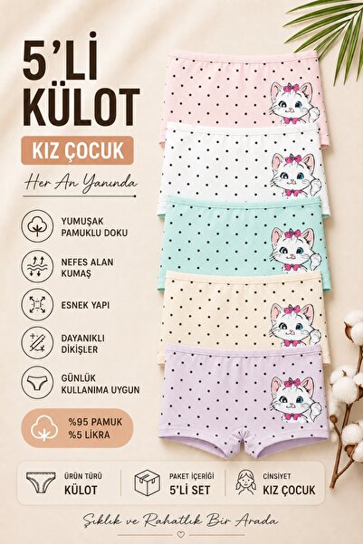 Nicoletta Kız Çocuk Boxer Külot 5 Li Paket Pamuklu Likralı Kedi Baskılı