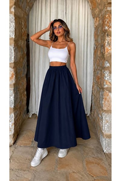 Gülmude Long Elastic Casual Skirt Poplin Fabric