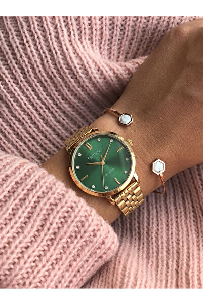 Ferrucci Yeşil Kadran Taş Detaylı Gold Renk Metal Kordon Kadın Kol Saati