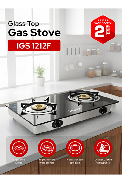 IMPEX موقد غاز LP بـ 2 شعلة IGS 1212F، سطح زجاجي مقوى، لهب أزرق، صينية تجميع ...
