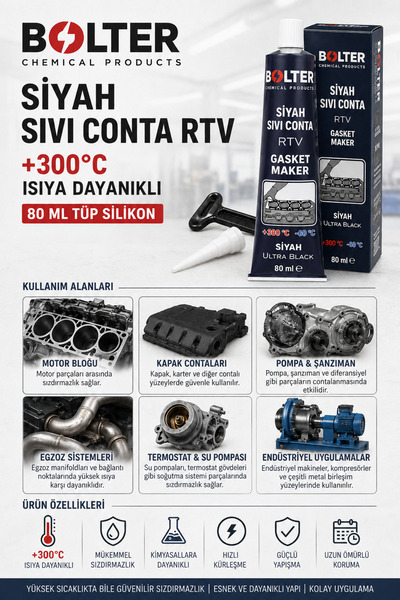BOLTER CHEMİCAL PRODUCTS Siyah Sıvı Conta RTV +300°C Isıya Dayanıklı 80 ML Tü...