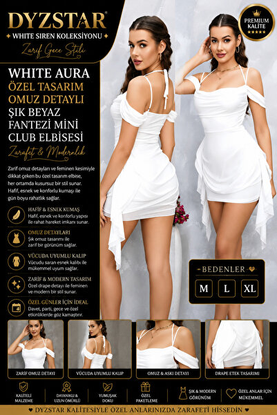 DYZSTAR White Aura Beyaz Mini Elbise Omuz Detaylı Şık Kadın Davet ve Parti El...