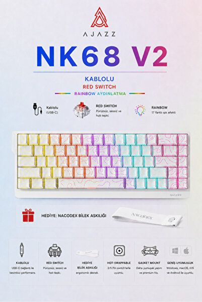 Ajazz NK68V2 Hot Swap Kablolu Mekanik Oyun Klavyesi- Red Switch-Bilek Askılı