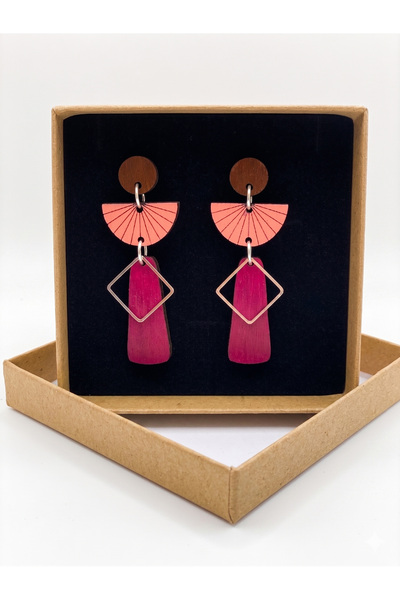 OEM Cercei handmade Geometrici, magenta, roz, pictati pe lemn, metal hipoaler...