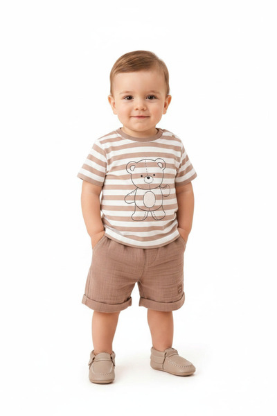 Baby Boy Teddy Bear Printed Striped T-Shirt and Shorts Set (3-18 Months)