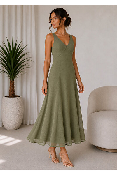 Eslem Bulut Boutique Yeşil Tül Detaylı Midi Elbise kadın