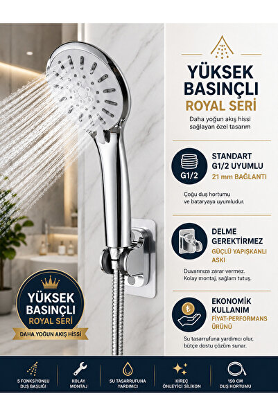 Plodna House 5 Fonksiyon Royal Duş Başlığı Kendinden Yapışkanlı Duş Askısı 1,...