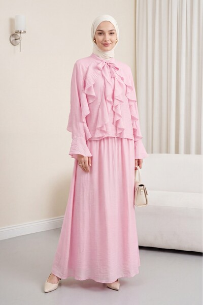 Modamorfo Lined Tulle Modal Set with Tie Collar and Ruffle Detail - Pink