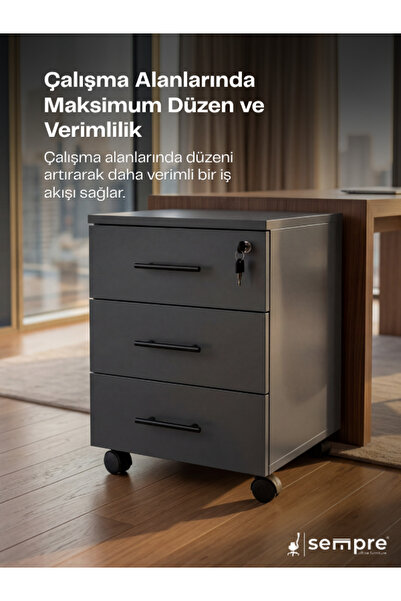 Sempre Keson Tekerlekli Ahşap, Merkez Kilitli Üç Çekmeceli ANTRASİT RENK