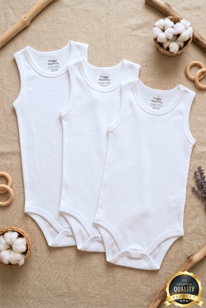 Huggy Mommy Premium 100% Organic Cotton Rib 3-Piece White Sleeveless Undershirt Baby Bodysuit Snap Fastener Baby Badi Set