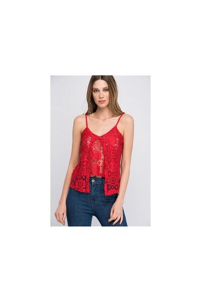 Cotton Mood 8114299 Lace Frontal Double Layered Strap Blouse Red