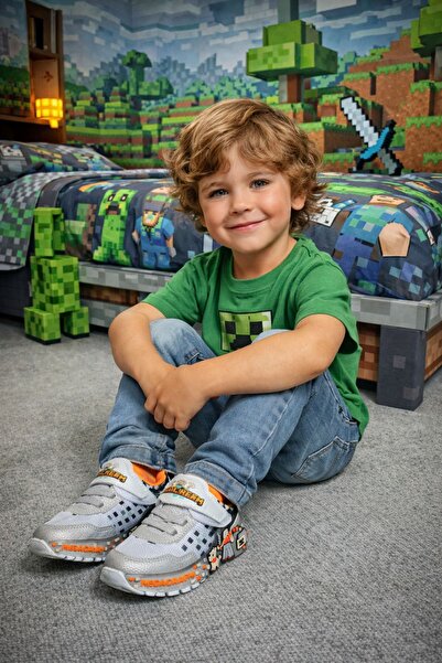 Kid's World Mine-craft Temalı Erkek Çocuk Spor Ayakkabı Işıklı Tabanlı Cırtlı...